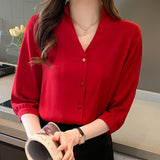 Gwmlk Women's Shirt Vintage Red Button Blouses for Women Short Sleeve Shirts Female Top Polo Neck Solid Blouse Office Lady Basic Shirt