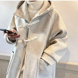 Gwmlk Men Coats Women Solid Hooded Long Jacket with Cowhorn 2023 New Korean Casual Loose Coat Fashion Male Clothing for Unisex