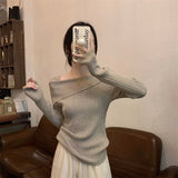 Gwmlk Fashion Slash Neck Knitted Sweaters Woman Elegant Slim Fit Long Sleeve Knitwear Women Autumn Winter Korean Short Jumper