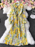 gwmlk Autumn Bohemian Floral Pleated Long Dress Women Elegant Bow Collar Puff Sleeve Draped Chiffon Vestidos Female Party Robe