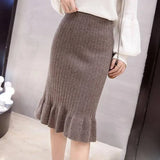 Gwmlk Women High Waist Knitted Skirts Solid Elastic Mermaid Knitting Ribbed Skirt Female Autumn Winter Warm Mid-Long Skirt