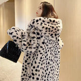 Gwmlk Leopard Fur Winter Long Coat Women Thick Warm Faux Rabbit Fur Outerwear Female Streetwear Loose Fuzzy Hooded Overcoat