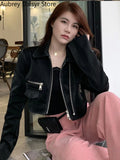 Gwmlk Cropped Leather Jacket Women Streetwear Moto Biker Zipper Leather Jacket Punk Winter Irregular Faux Fur Aviator Coat New