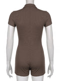 gwmlk Single-Breasted Playsuits Brown Knitted Bodysuits Solid Casual Basic Jumpsuits Short Sleeve Overalls Biker Women Body