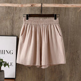 Gwmlk Women Summer Cotton Linen Shorts 2023 Solid Color Elastic Waist Casual Beach Shorts Woman Literary Wide Leg Short Pants