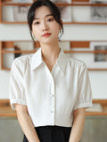 Gwmlk Women Shirts V-neck Short Puff Sleeve Chiffon Thin Shirt 2023 Summer Loose Button Women Tops Blouses Solid Woman Clothes