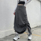 Gwmlk Streetwear Women Long Skirt with Adjustable Drawstring Solid Color Casual Style Loose Summer Clothing