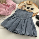 Gwmlk Lace Up High Waist A-Line Women Skirts Y2K Anti-Glare Denim Pleated Skirt Ladies All-Match College Style Mini Skirt Girl