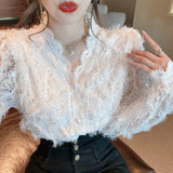 Gwmlk V-neck Long Sleeve Lace Blouse Women Tops Tassel White Shirts Blusas Hollow Out Lace Flowers Ladies Blouses Shirts 16095