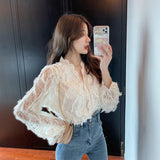 Gwmlk V-neck Long Sleeve Lace Blouse Women Tops Tassel White Shirts Blusas Hollow Out Lace Flowers Ladies Blouses Shirts 16095