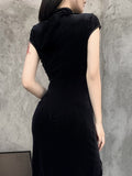 gwmlk Gothic Velvet Aesthetic Dresses Vintage Women Black Bandage SlitHem Bodycon Dress Sexy Evening Wear Cheongsam