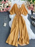 gwmlk Sexy Polka Dot Romper Women Elegant V-Neck Puff Short Sleeve High Waist Jumpsuit Female Loose Wide Leg Playsuits Fashion