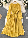 gwmlk Vintage Women Dress Elegant Orange/Red/Yellow V-Neck Lantern Sleeve High Waist Slim A-Line Vestidos Female New Fashion