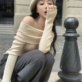 Gwmlk Korean Chic Irregular Sweater Pullover Women Elegant Slash Neck Knit Jumpers Female Sexy Off Shoulder Ribbed Pullovers