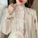 Gwmlk Ruffle Lace Chiffon Shirt Elegant Sweet Chic Long Puff Sleeve Women Blouse Apricot Tops Stand Collar Clothes Blusas 13433