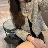 Gwmlk Vintage Stand-Up Collar Tweed Jacket Woman Korean Single-Breasted Jackets for Women Autumn Winter Long Sleeve Outwear