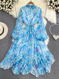 gwmlk Autumn Women Floral Irregular Ruffle Long Dress Bohemian Pink/Blue/Purple Stand Collar Puff Sleeve High Waist Vestidos