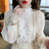 Gwmlk Ruffle Lace Chiffon Shirt Elegant Sweet Chic Long Puff Sleeve Women Blouse Apricot Tops Stand Collar Clothes Blusas 13433