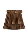 Gwmlk ZBZA Women 2023 Pu Leather Mini Skirt with Belt Women High Waist Pleated Skirts womens Casual Streetwear Party 202309