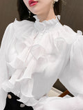 Gwmlk Stand Collar Chiffon Lace Shirts Korean Ruffles Stitching Elegant Button Blouse Woman Long Flare Sleeve Loose Tops 12946