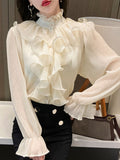 Gwmlk Stand Collar Chiffon Lace Shirts Korean Ruffles Stitching Elegant Button Blouse Woman Long Flare Sleeve Loose Tops 12946