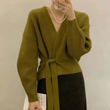 Gwmlk Women Cardigan New Fashion 2023 Autumn Sweater V-Neck Bow Sweater Solid Color Female Coat