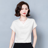 Gwmlk Blouses for Women Fashion Satin Casual T-shirt Solid V-neck Womens Tops Silk Elegant Short Sleeve Blouse Women Clothing