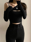 gwmlk Piece T-Shirt And Cami Crop Top Women Y2K Harajuku Long Sleeve Skew Collar Casual Basic Tight Tees Female Korean