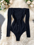 gwmlk Slash Neck Long Sleeve Bodysuit Autumn 2023 Single Breasted Playsuit Red/Gray/Black Sexy Knitted Rompers New Fashion 2023