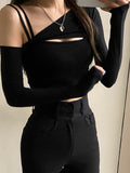 gwmlk Piece T-Shirt And Cami Crop Top Women Y2K Harajuku Long Sleeve Skew Collar Casual Basic Tight Tees Female Korean