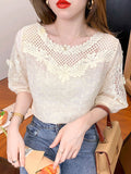 Gwmlk Hollow Women Tops Summer French Style Sweet Blouse 2023 New Fashion Half Sleeve Clothes Apricot Lace Shirt Blusas 21217