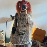 Gwmlk Y2K Hollow Knit Hooded Tops Women Goth Spider Web Spice Girl Mesh Pullovers Female Korean Fashion Fishing Net Sweaters