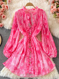 gwmlk Vintage Women Pleated Chiffon Mini Dress Elegant V-Neck Draped Single Breasted Ruffle Vestidos Sexy Party Robe 2023 New