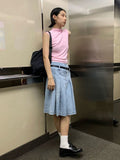 Gwmlk Pleated Skirt Women Girls Blue Jeans Midi Knee-length Denim Skirt A-line Long Skirt Y2k Korean Vintage Skirt