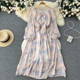 gwmlk Autumn Women Printed Long Dress Vintage Puff Sleeve High Waist A-Line Casual Maxi Vestidos Vacation Beach Robe New