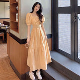 Gwmlk Korean Style High Waist Plaid Dress Women French Vintage Streetwear Puff Sleeve Maxi Dress Female Elegant Party Dreses