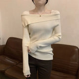 Gwmlk Fashion Slash Neck Knitted Sweaters Woman Elegant Slim Fit Long Sleeve Knitwear Women Autumn Winter Korean Short Jumper