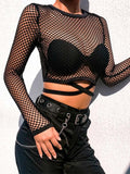 gwmlk New Mesh Goth Long Sleeve T shirt Women Hollow See-through Fishnet Tops Summer Casual Shirt Streetwear Women's Clothing