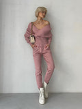 gwmlk New Sexy Off Shoulder Knitted Two Piece Set Women Long Sleeve Sport Tracksuit 2 Piece Sweater Pants Suits Matching Sets