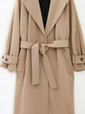 Gwmlk Women Elegant Long Wool Coat With Belt Solid Color Long Sleeve Chic Outerwear Ladies Overcoat