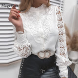 Gwmlk Sexy Lace Patchwork Hollow Out Shirt Fashion White Vintage Long Sleeve Tops Button Mesh Crochet Lace Blouse Women 13267