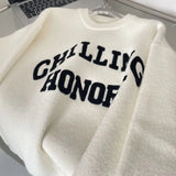 Gwmlk Black White Women Sweater Pullover Korean Fashion Letter Embroidery Knitted Jumper Fall Winter Thick Warm Soft Sweaters