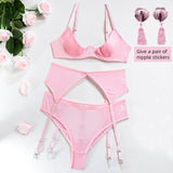 Gwmlk Erotic Lingerie Open Bra Kit Push Up Sexy Sensual Underwear 3-Piece Heart Hollow Crotchless Panties Garter Intimate