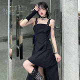 Gwmlk Goth Black Slip Dress Y2k Streetwear Women Vintage Techwear Irregular Backless Dresses Gothic Korean Fashion Aesthetic