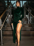 gwmlk Autumn Winter Women Solid Velvet Long Sleeve Ruched Midi Dress Side Slit Bodycon Sexy Streetwear Party Elegant Club