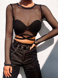 gwmlk New Mesh Goth Long Sleeve T shirt Women Hollow See-through Fishnet Tops Summer Casual Shirt Streetwear Women's Clothing