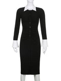 gwmlk y2k Black Button Knitted Dress Turn Down Collar Elegant Vintage Long Dress Full Sleeves Women Night Prom Autumn 90s