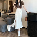 Gwmlk Korean Style Mermaid Skirts Women Fashion High Waist Split Office Lady Long Skirt Summer Elegant Slim Fit Midi Skirts