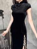 gwmlk Gothic Velvet Aesthetic Dresses Vintage Women Black Bandage SlitHem Bodycon Dress Sexy Evening Wear Cheongsam