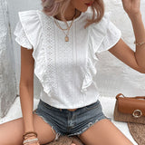 Gwmlk Fashion Summer Lace White Blouse Women Loose Ruffles Butterlfy Sleeve Tops Woman Casual O Neck Hollow Shirt Blusas 26011